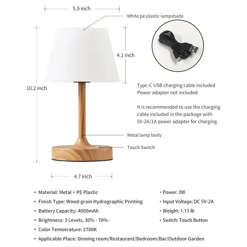 ABGG-Wood-Grain Cordless LED Small Table Lamp, Portable Rechargeable Waterproof Shower Light, Touch Dimming Night Light