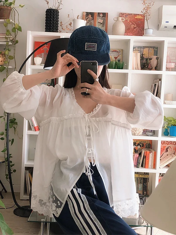 

Korean Style Thin Lace Splice Cardigan Women's Spring New Quality Shirt Top with Belt Long Sleeve Sun Protection Female