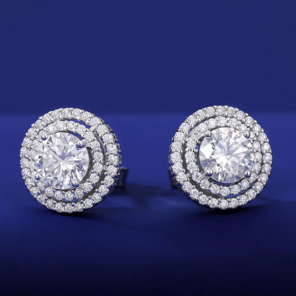 أقراط مويسانيتي مزدوجة على شكل هالة مع ظهر لولبي، فضة استرلينية مطلية بالذهب عيار 18 قيراط، أقراط مويسانيتي كبيرة للنساء #6