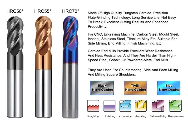 AZZKOR HRC50/55/70 Fräser für Stahlmaterial, 4-Schneiden-Kugelkopffräser, Hartmetall-CNC-Fräswerkzeuge R0,5-R6,0mm – Detail 1