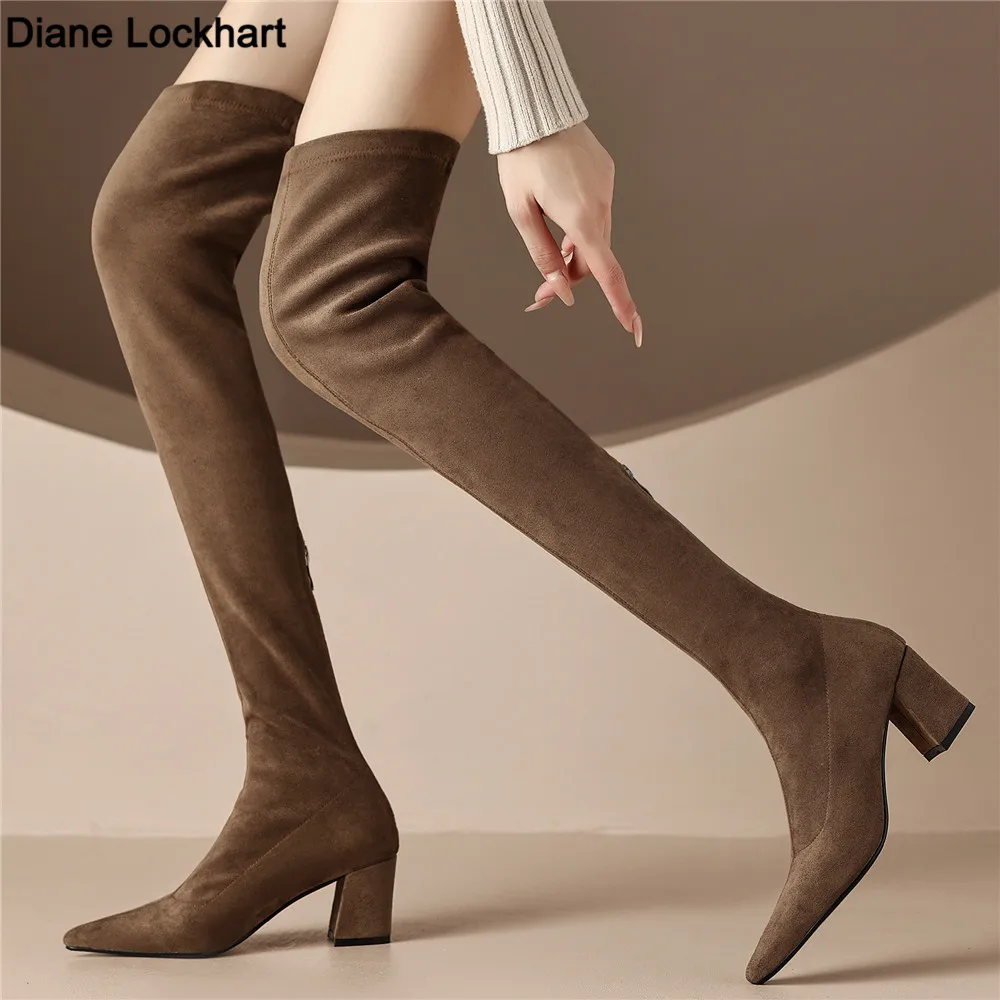 Sexy High Boots Women 2024 Winter New Fashion Over The Knee Botas Mujer Suede Zip Pumps Sock Shoes High Heels Boots Black Khaki