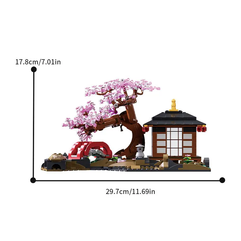 

MOC Cherry Blossom Zen Garden Building Blocks Japan Architecture Sakura Tree House Street View Construction Bricks Toys Kid Gift