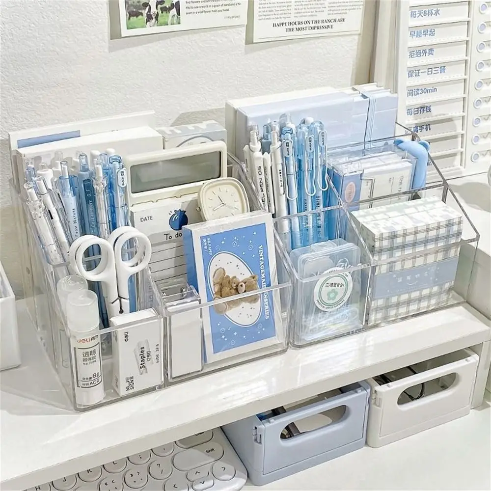 Large Capacity Desk Pen Holder Pen Stand Transparent Stationery Organizer 5-Grid Acrylic Pencil Storage Box Cosmetic Organizer