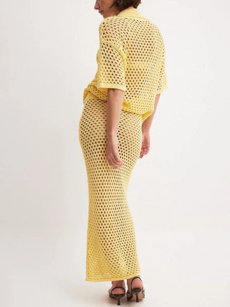 เสื้อผ้าผู้หญิงฤดูร้อนใหม่ชุดลําลองชุดแฟชั่นตาข่าย Fishnet Beach เสื้อถักกระโปรงยาวชุดจับคู่สําหรับสตรี