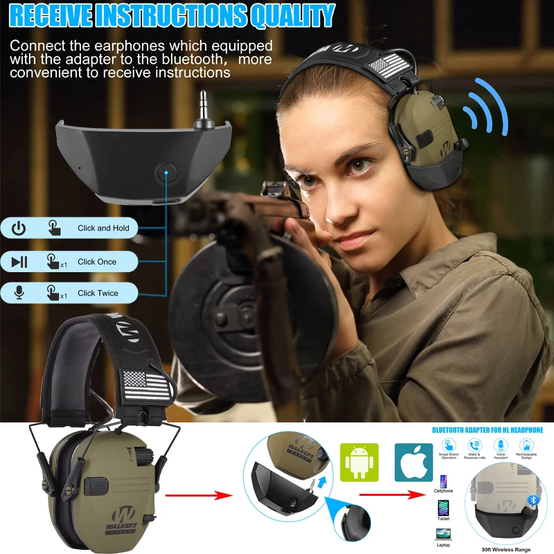 Top! Tactical Electronic Shooting Earmuff Outdoor Sports Antinoise Headset Impact Sound Amplification Hearing BT adapter can be