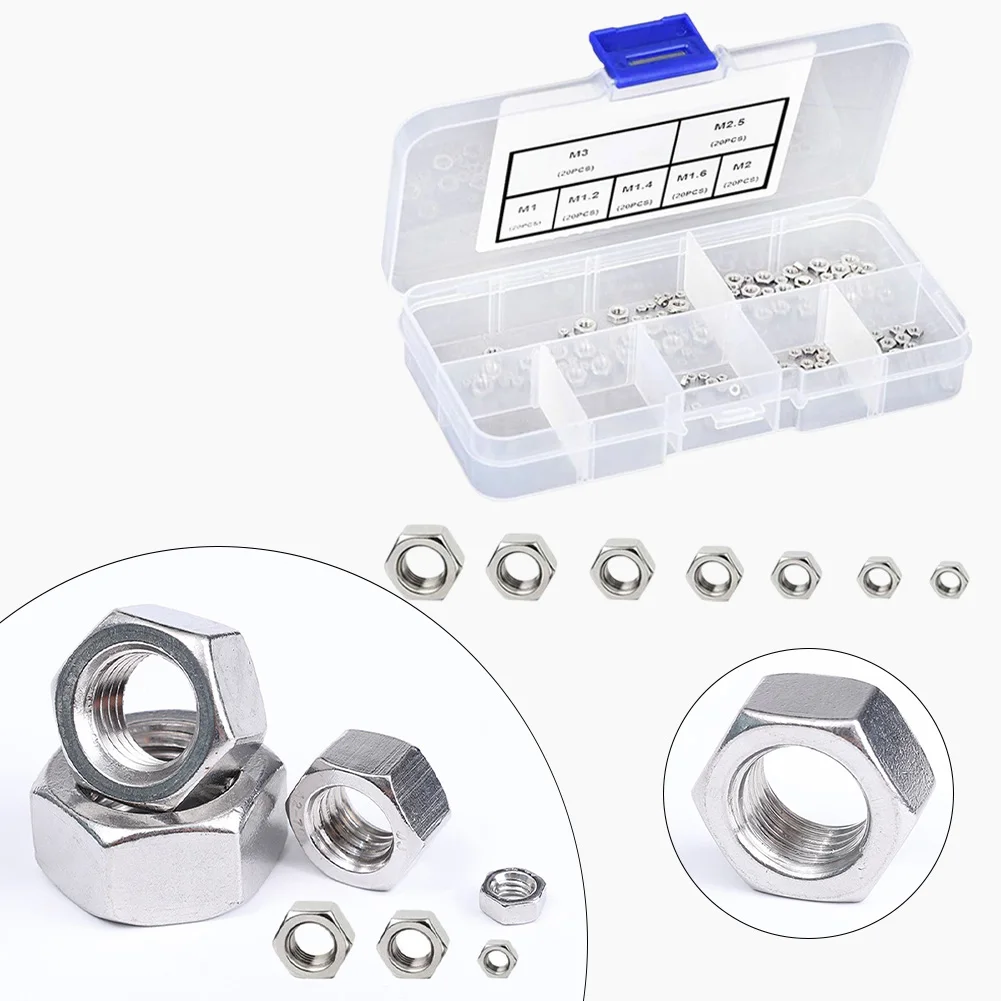 140pcs 304 Stainless Steel Hexagon Small Nuts Boxed M1M1.2M1.4M1.6M2M2.5M3 Set Hardware M1,M1.2,M1.4,M1.6,M2,M2.5