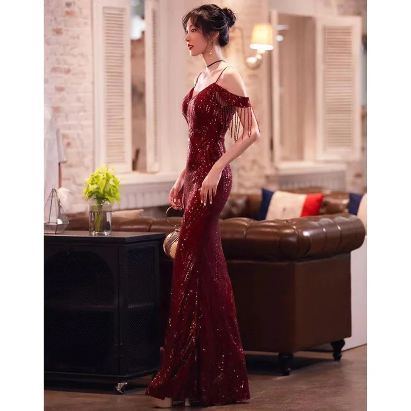 WAT18 Sexy Straps Evening Dress Fashion Long Deep V Neck Tulle High Slit Wedding Party Elegant Prom Gown Women Luxury F New 2025