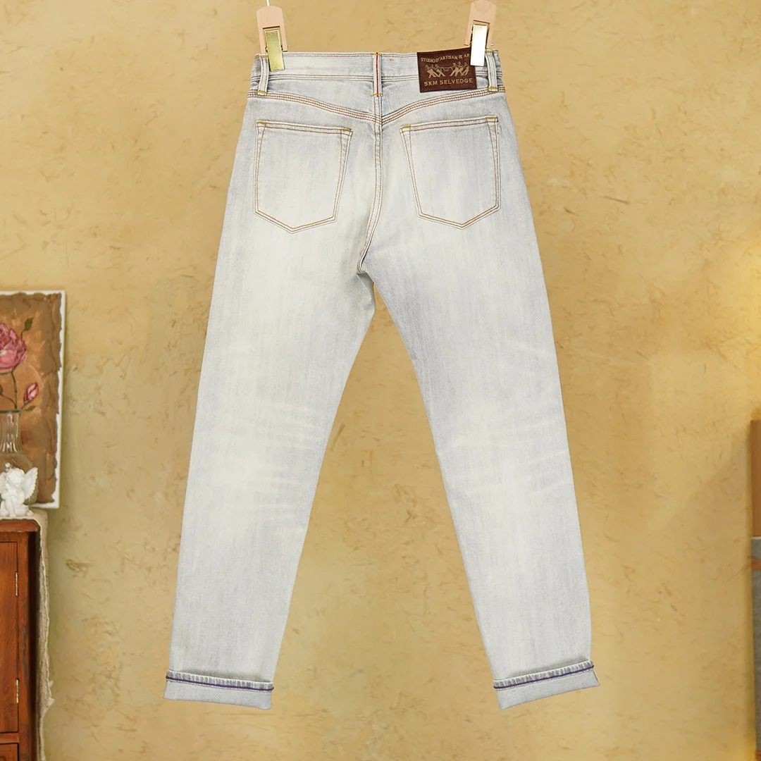 12oz 99% Cotton Red Selvedge Denim Jeans for Men Spring Summer Casual Stretch Slim Tapered Straight Leg Grey Washed Pants