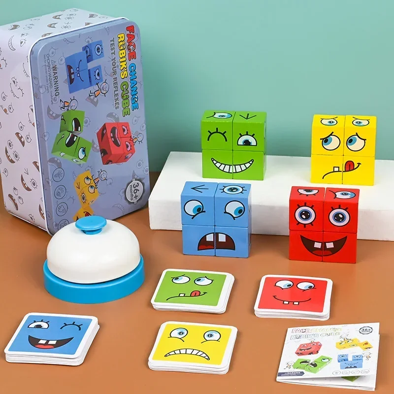 Cubo che cambia volto in legno Giocattoli Blocchi di costruzione per puzzle di cartoni animati Puzzle Montessori Giocattolo per bambini Gioco da tavolo educativo Giocattoli per famiglie