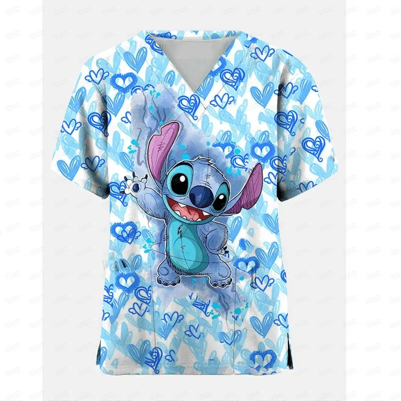 

Nurse Uniform Women Disney Stitch print Short Sleeve V-neck Tops Lovely Working Uniform Blouse Nursing Accessories Carer Blouse