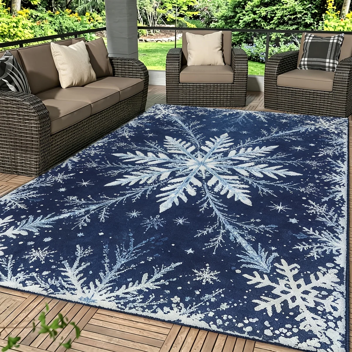 1pc 2D Flat Navy Blue Snowflake Area Rug, Winter Themed, Soft & Machine Washable, for Patio, Hallway, Living Room Decor