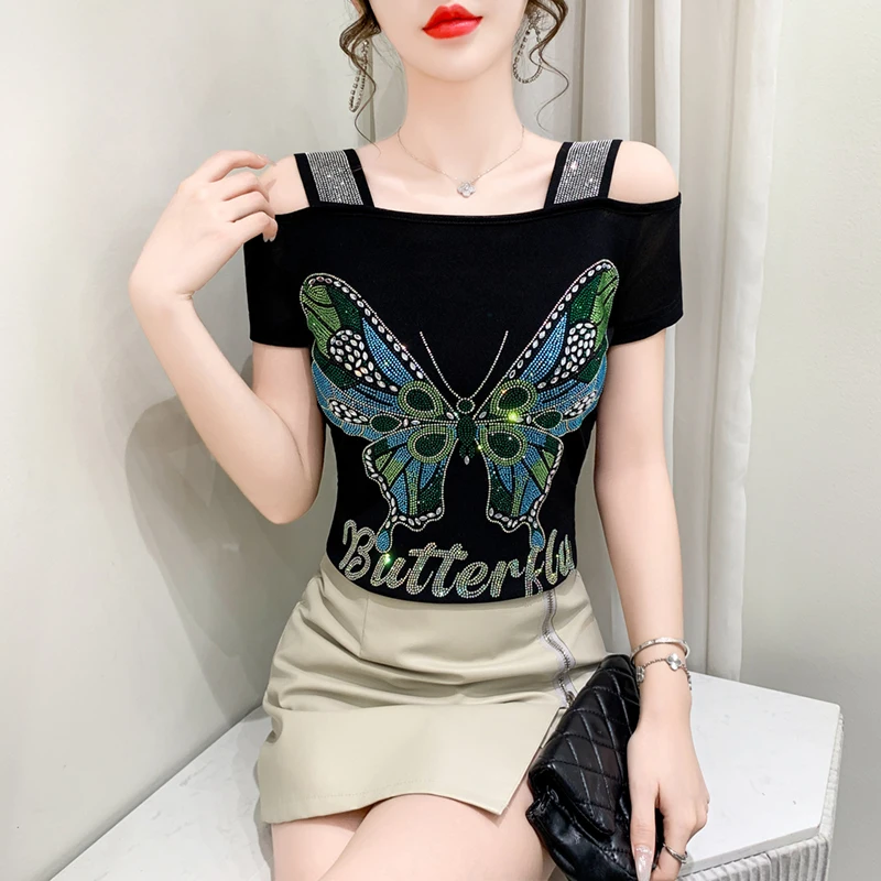 

Design Luxury Shiny Diamond Butterfly Mesh Women's T-Shirt Sexy Off-Shoulder Tees Summer Blouse Shirt Top European Clothes