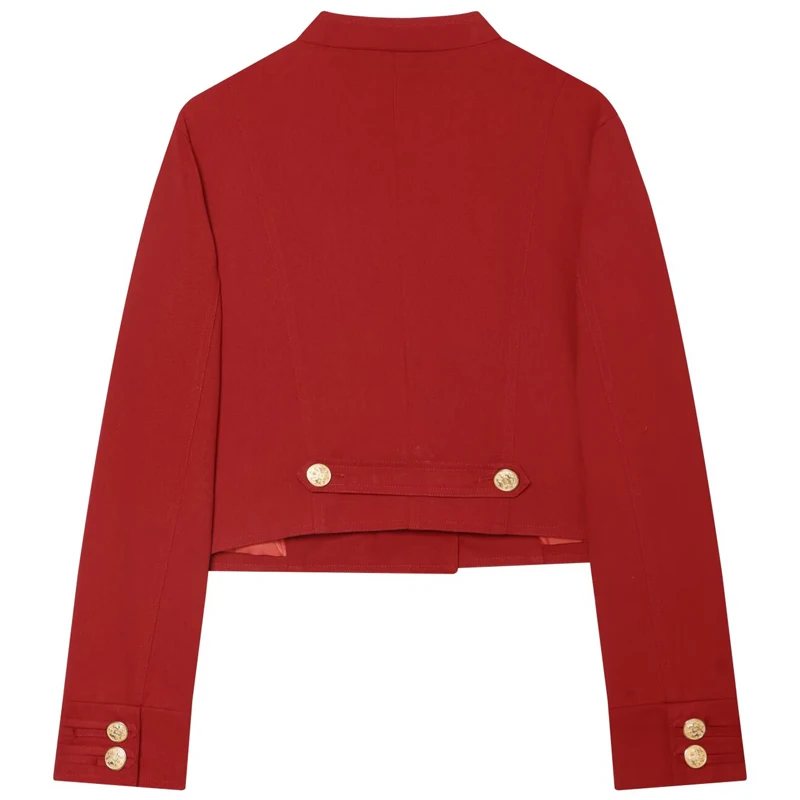 HXAO Rote Cropped-Jacke für Damen, Demi-Season 2026, elegante O-Ausschnitt-Jacke mit Doppelreihenknöpfen und langen Ärmeln, schicke Militär-Oberbekleidung – Detail 5