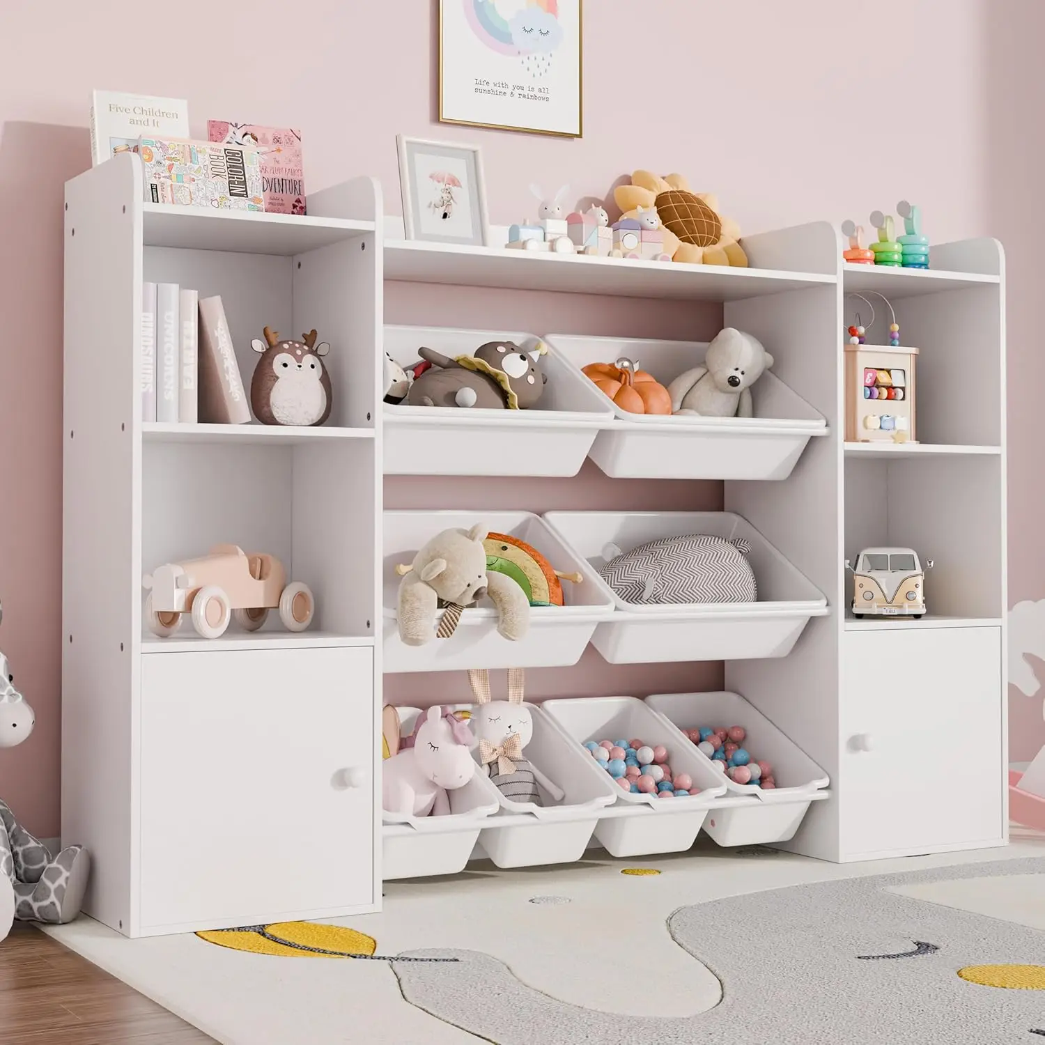 Organizador de armazenamento de brinquedos infantis com 8 caixas de brinquedos removíveis, organizadores de 4 camadas com 6 cubículos de armazenamento, estante infantil e armazenamento