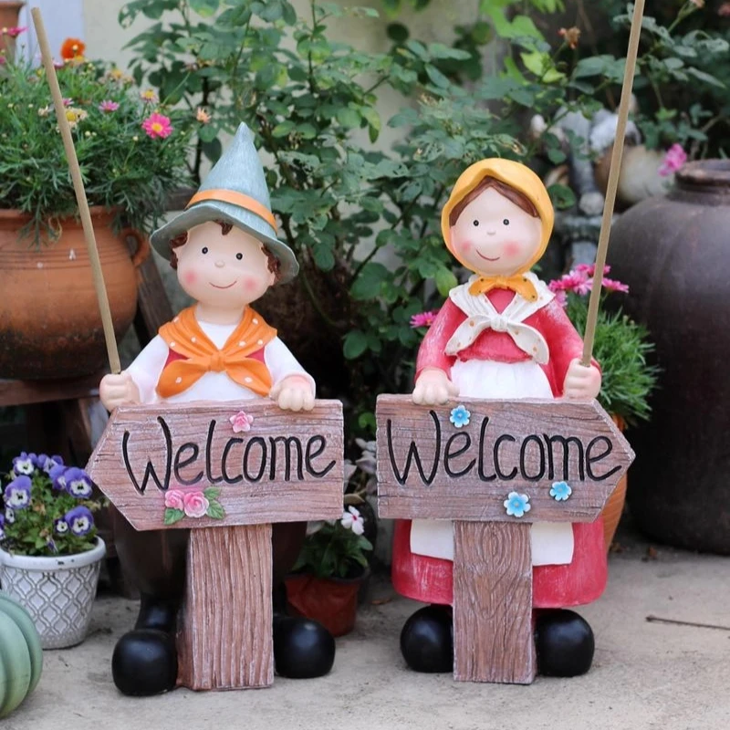 Outdoor Welcome Garden Statues Boy Girl Fragrant insertion Lawn Decoration Weatherproof Yard Art Kindergarten Patio Sculpture