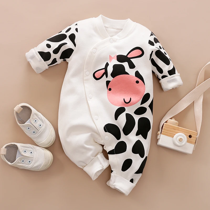 Spring And Autumn Boys And Girls Cartoon Cute Cow Pattern Long Sleeve Cotton Infant Bodysuit