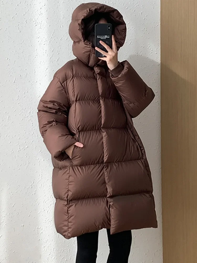 2024 nuova felpa con cappuccio invernale piumino d'anatra bianco donna addensato caldo soffice tinta unita piumino lungo oversize