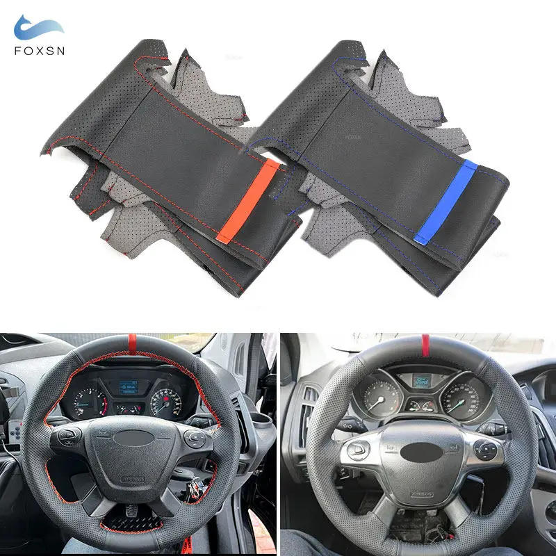

For Ford Focus 3 2012-2014 C-MAX 2011-2014 KUGA Escape 2013-2016 Hand Stitched Car Interior Steering Wheel Cover Leather Trim