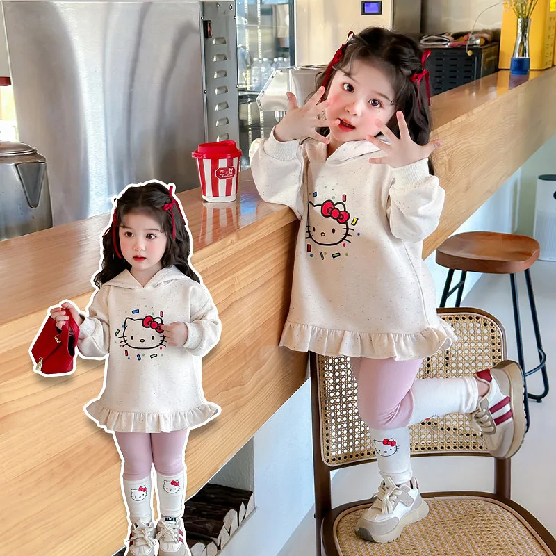 Autumn Spring Hello Kitty Anime Kawaii MINISO Long Sleeve Hoodie Cute Children Fashion Shirt Pants Set Clothes Gifts for Kids