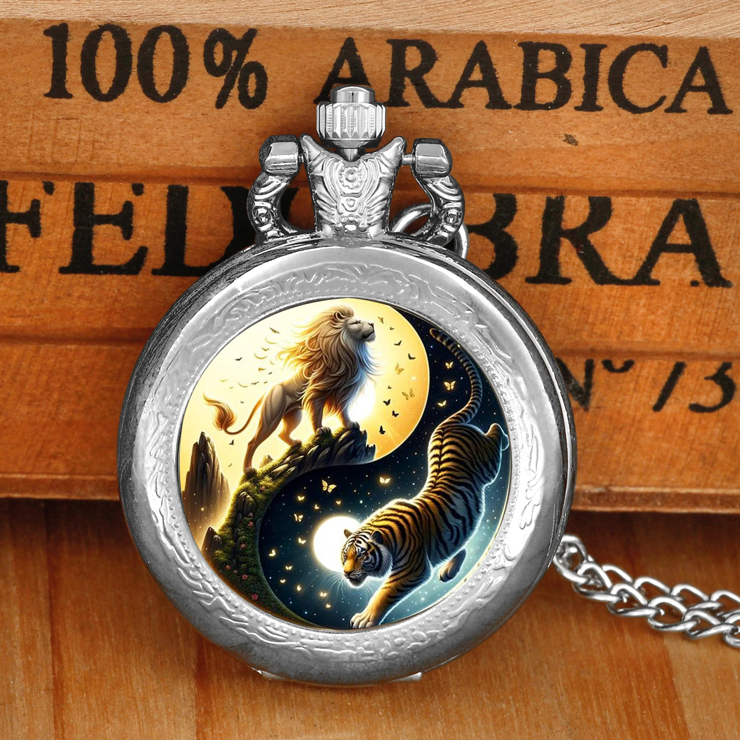 

Lion and Tiger Yin and Yang Quartz Pocket Watch for Women Men Necklace Pendant Clock Chain Kids Pocket Watch Jewelry Gifts