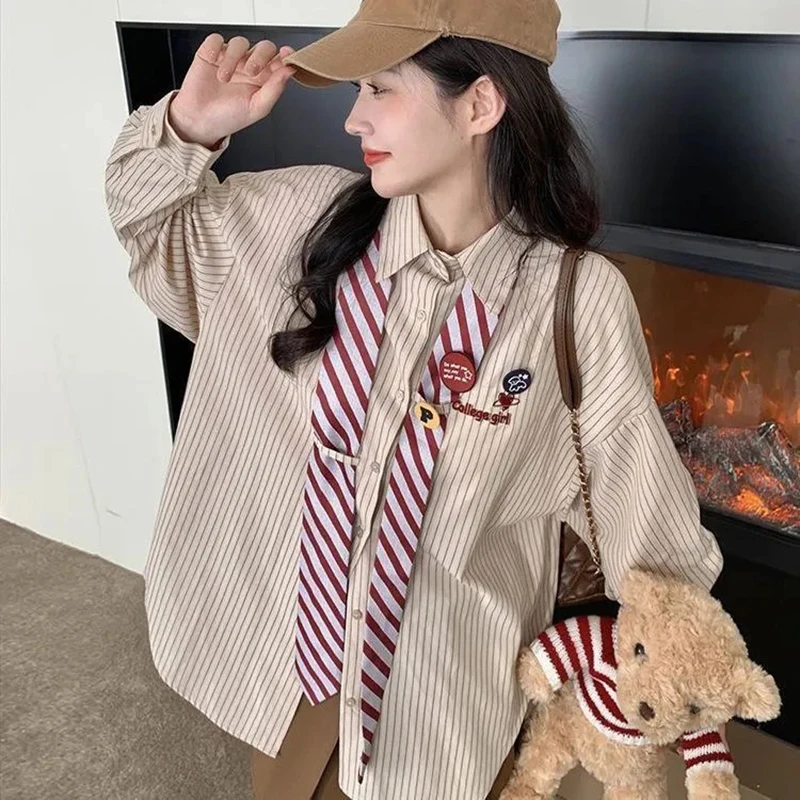 GIDYQ Striped Shirt Women Vintage Patchwork Preppy Style Loose Student Tie Shirt Girlfriend Baggy Long Sleeve Chic Blouses Top