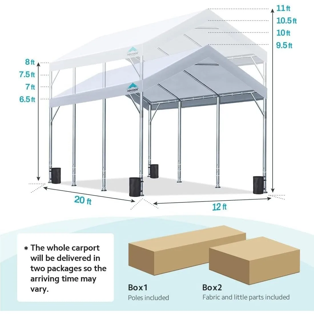 ADVANCE OUTDOOR 12x20 Ft Heavy Duty Carport Potable Car Canopy Garage Party Tent Boat Shelter Adjustable Height White