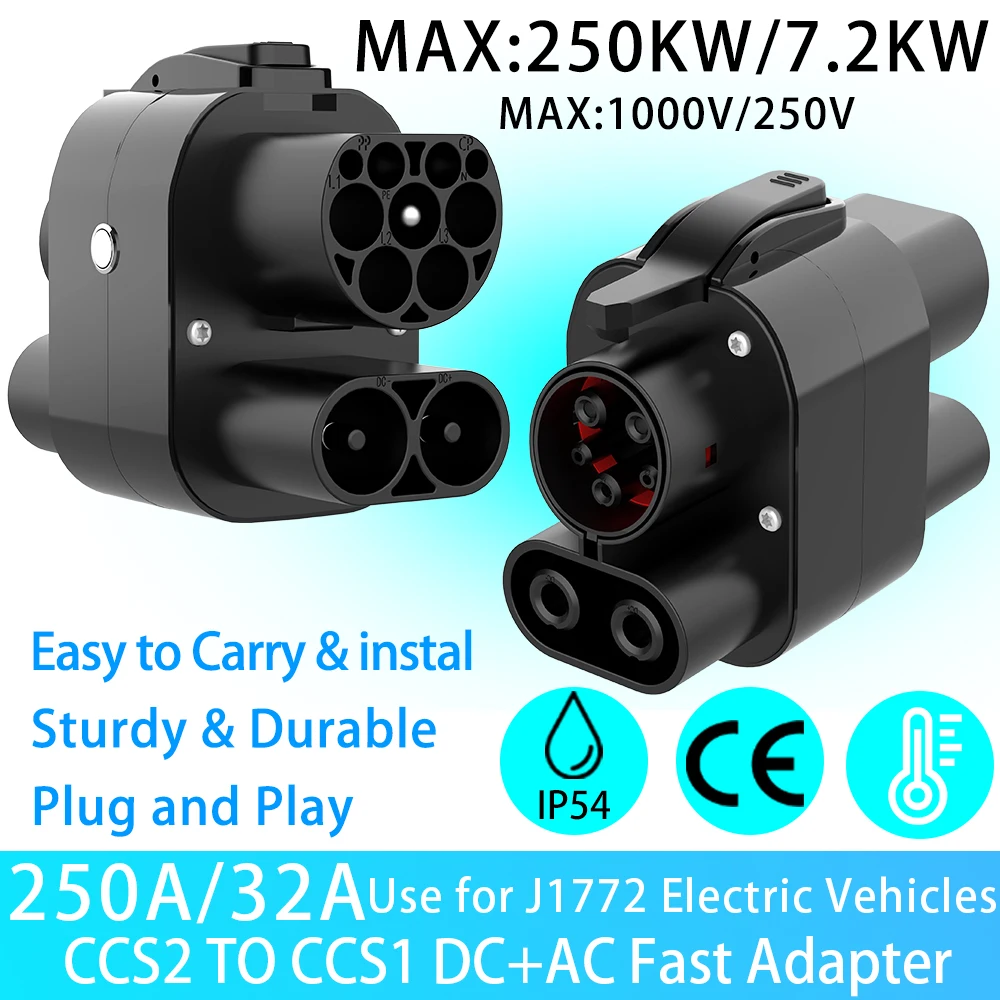 Unirise CCS2 To CCS1 EV Adapter 250kW 250A 1000v DC+AC Charger Connector CCS Combo 2 to CCS1 Fast Electric Car Charging Adapter