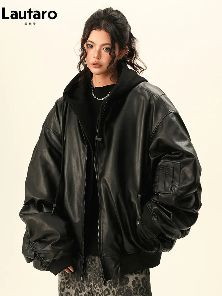 

Lautaro Spring Autumn Cool Handsome Oversized Black Soft Pu Leather Jacket Hoodies Women Zipper Fake 2 Pieces Streetwear Clothes