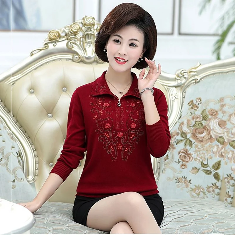 Middle-aged Women\'s Sweater Spring Autumn Long-sleeved Lapel Zipper Pullover Tops 4XL Lady Casual Knit Sweater