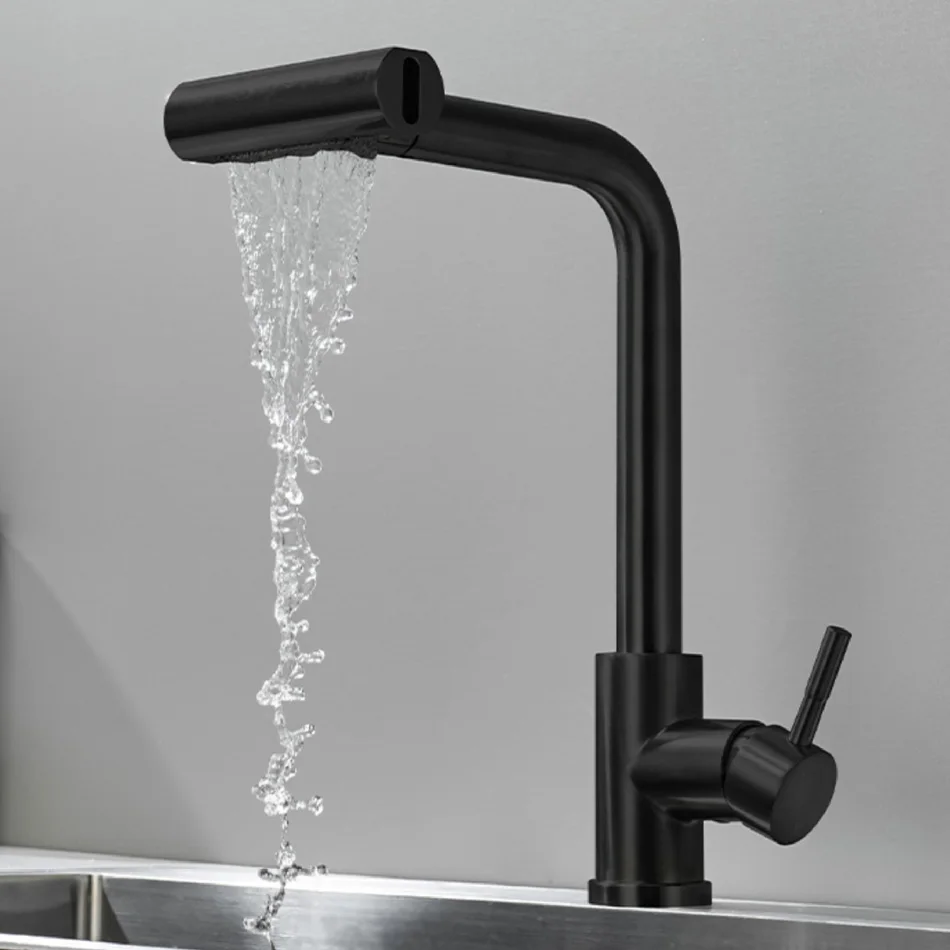 Waterfall Kitchen Faucet Pull Out Black Brushed Gold Grey  304 Stainless Steel  360° Rotation Hot and Cold Water Mixer Sink Tap