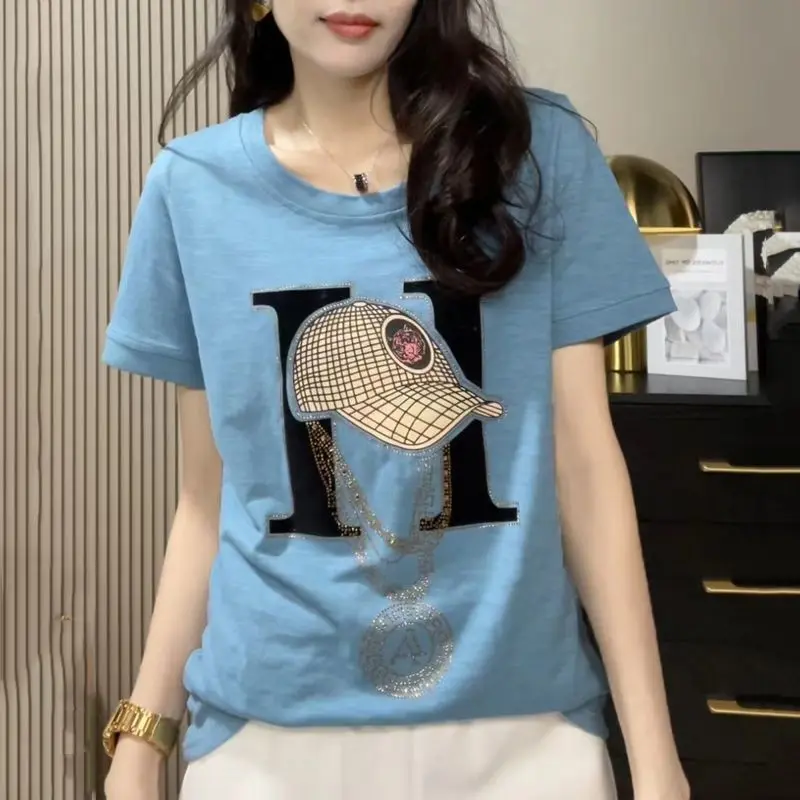 

Korean Commute 2024 Summer New Women's Round Neck Geometric Printed Diamonds Solid Color Loose Casual Short Sleeve T-shirts Tops