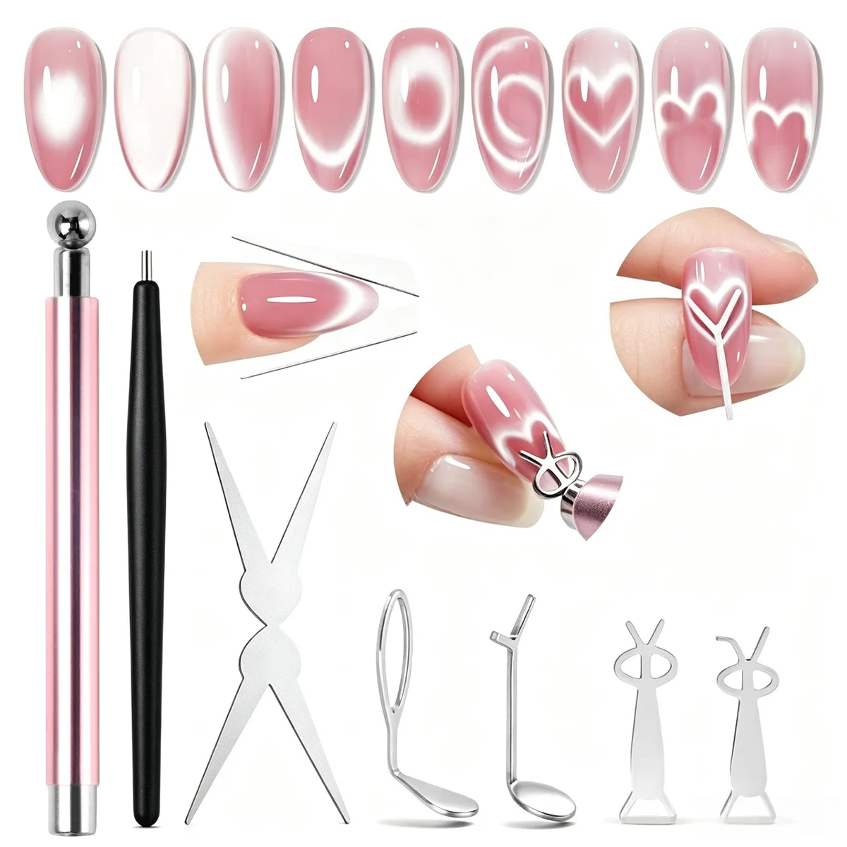 7-teiliges Katzenaugen-Nagelmagnet-Werkzeugset, magnetische Gel-Nagellack-Kunstwerkzeuge für French Tip, Herz-, Blumen- und Linien-Effekte – Detail 1