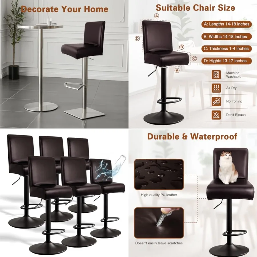 

PU Leather Bar Stool Covers with Backs, 6 Pack Stretch Waterproof Bar Stool Chair Covers Washable and Comfortable Barstool Cove