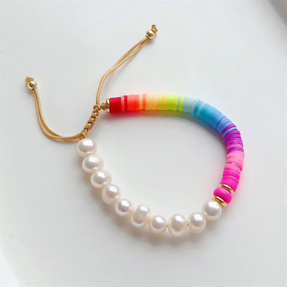 KKBEAD-Natural Pearl Bracelets for Women, Colorful Heishi Disc Bracelet, Boho Jewelry, Girl Gift, Summer, Y2k