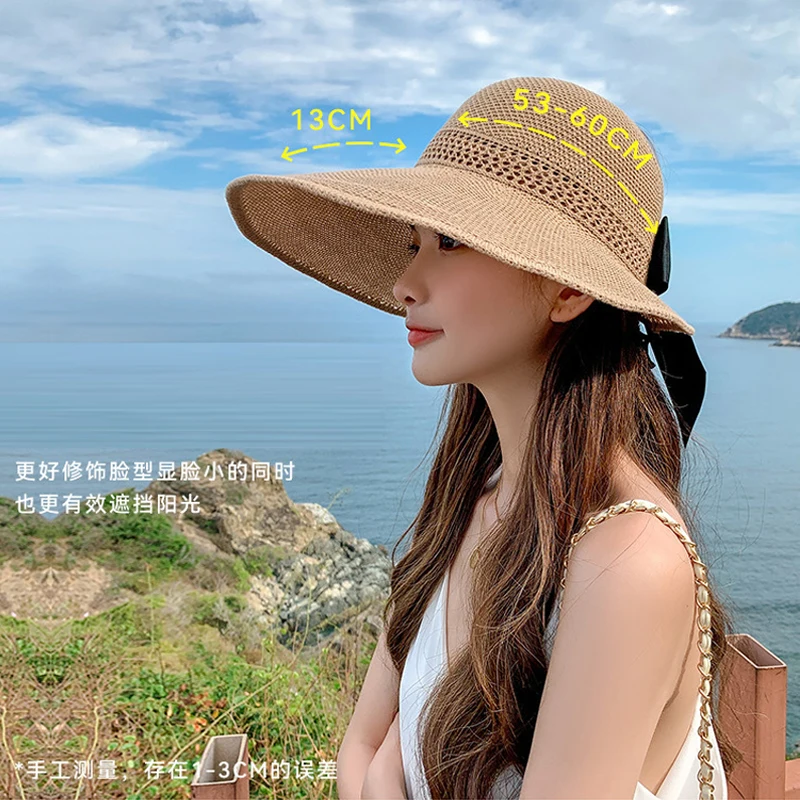 접이식 여성 와이드 브림 밀짚 모자 야외 여행 사진을위한 Bowknot와 통기성 프랑스 스타일 태양 모자