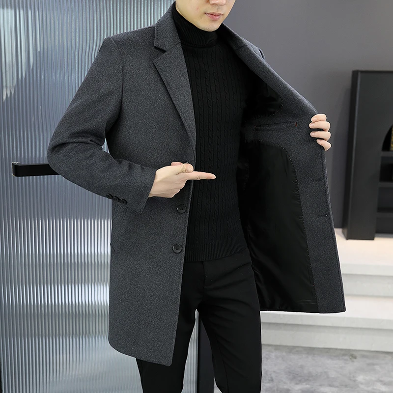 

Top Men's Mid-Length Woolen Coats Business Casual Warm Wool Windbreaker Jackets 2025 Autumn Winter Solid Color Overcoat Clothing