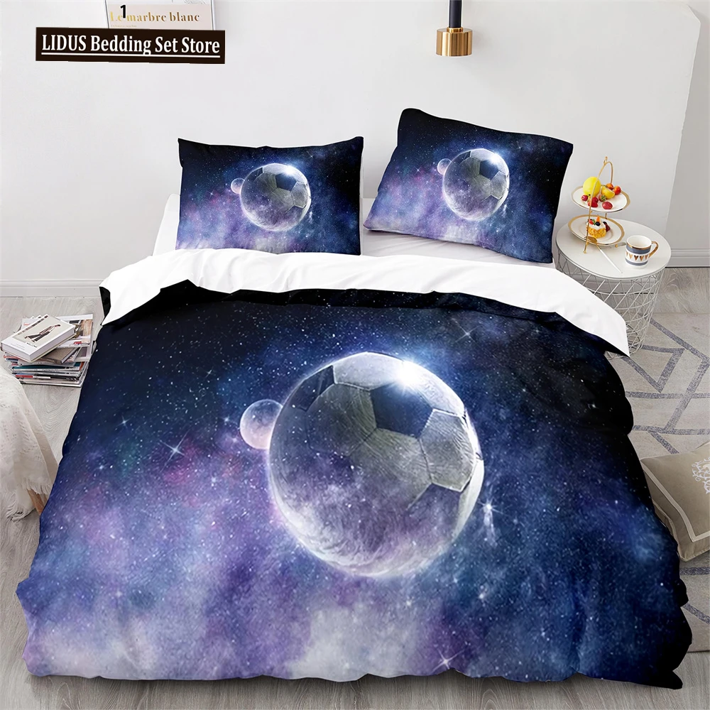 Soccer Duvet Cover Set Football Sport Galaxy Background Polyester Comforter Cover King Queen Twin Full Size For Kids Boys Girl