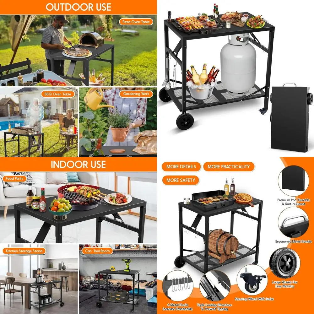 

Portable Outdoor Folding Pizza Oven Stand, 4-Wheel BBQ Cart Table for Patio, Kitchen, Dining, Black
