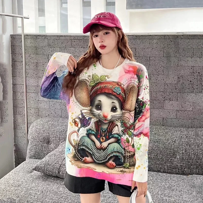 2024 Autumn Winter New Hot Diamond Tie-dye Cartoon Sweaters Women Loose Fashion Top Round Neck Pullover Long-sleeved Sweater