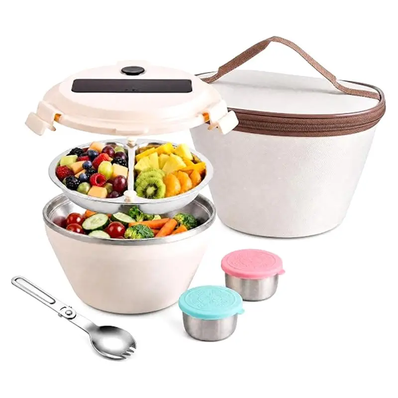 AB42-Leak-Proof Airtight Salad Container For Lunch, Salad Bowl Kit,Removable Divided Tray, 2 Dressing Cups, Dishwasher Safe