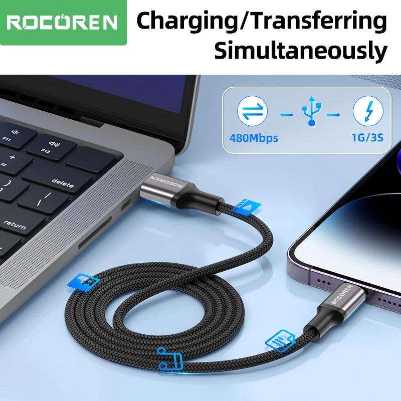 Rocoren USB Cable for iPhone 14 13 12 11 Pro XS Max X XR 8 7 6 Plus Fast Charging Charger Wire Cord For iPad Pro Data Cable 3M