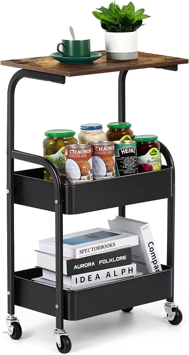 

3-Tier Kitchen Rolling 16.54" Storage Cart with Wheels, Wooden Tabletop, Black