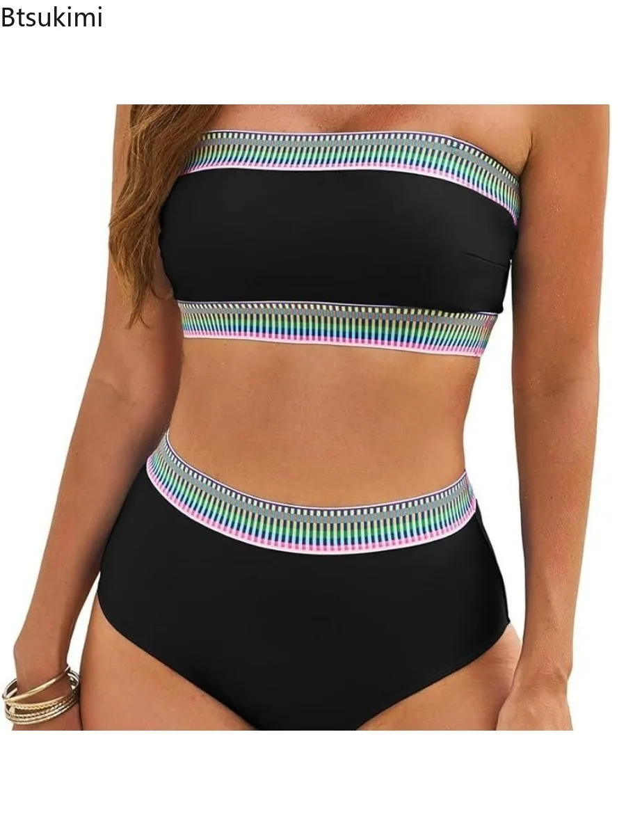 New Solid Color Women's Sexy Strapless Swimsuit Summer Split High Waist Bikini Set Fashionable Backless Swimming Beach Outfit