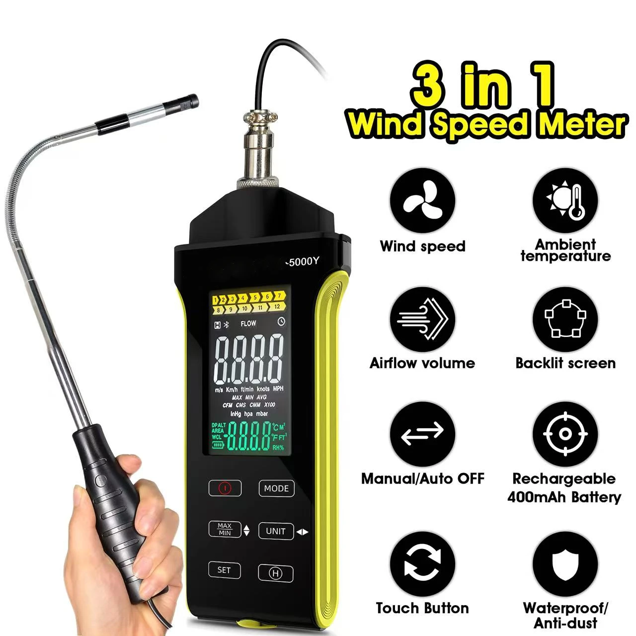 

Anemometer Handheld, HVAC Wind Meter Hot Wire Anemometer with Telescopic Probe, USB Data Export, Temperature and Humidity
