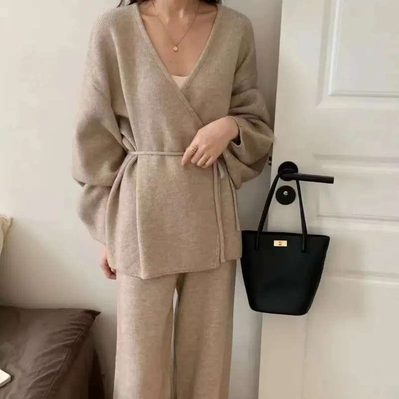 

Women Solid Color Sweater Set Loose Outer Wear Lazy Style Winter New Lace-up Knitted Cardigan Wide-leg Pants Two-piece Set