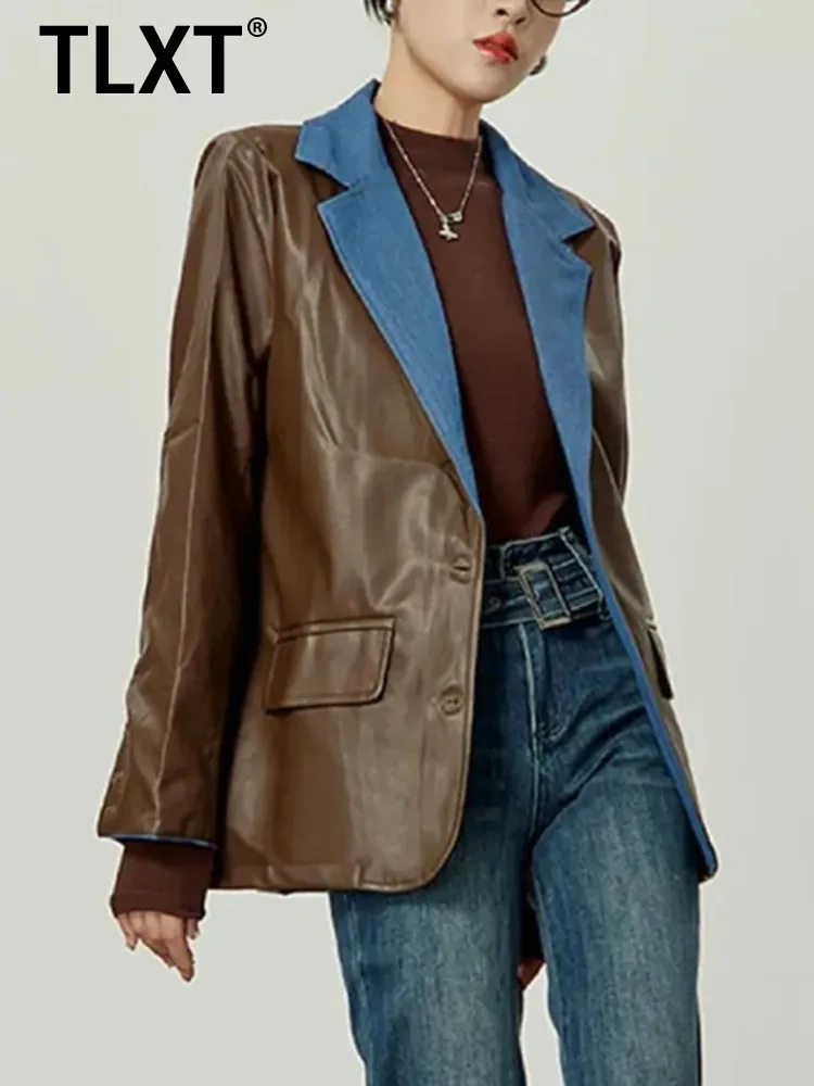 

TLXT модный женский джинсовый лоскутный пиджак из искусственной кожи с лацканами, свободный крой, однобортный пиджак, новинка осени 202, XK1510