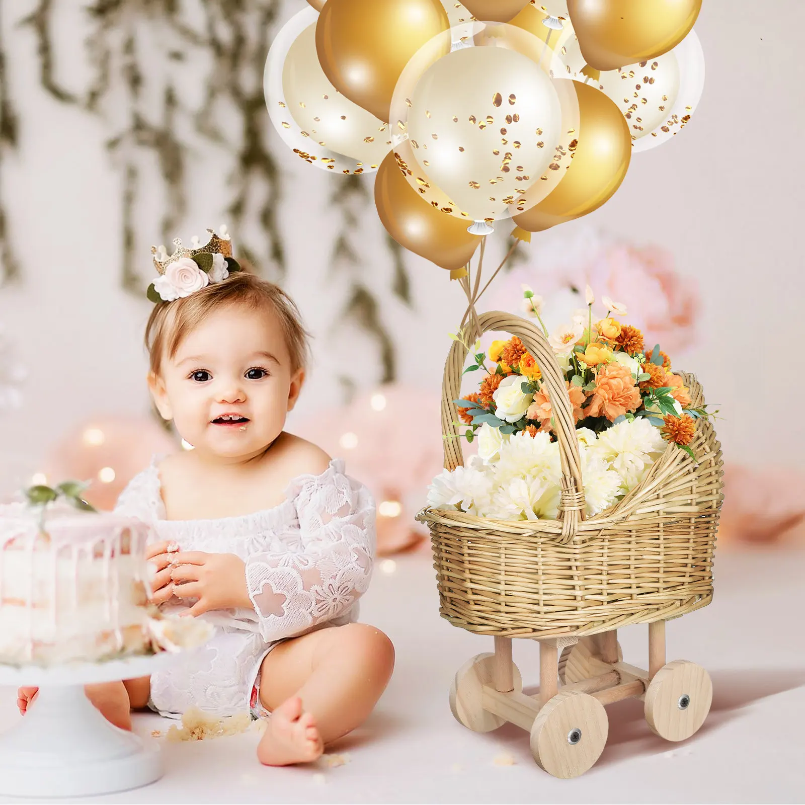 

Stroller Shaped Flower Basket Woven Rattan Basket with Handle Flower Girls Basket Wedding Basket for Gift Wedding Decoration