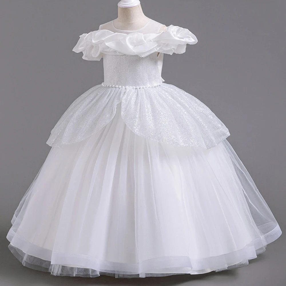 3-8T Solid Color Flower Girl Dress Cute Pleated Puff Off Shoulder Collar O-neck Gown Pearls Belt Bow Tiered Birthday Party Dress