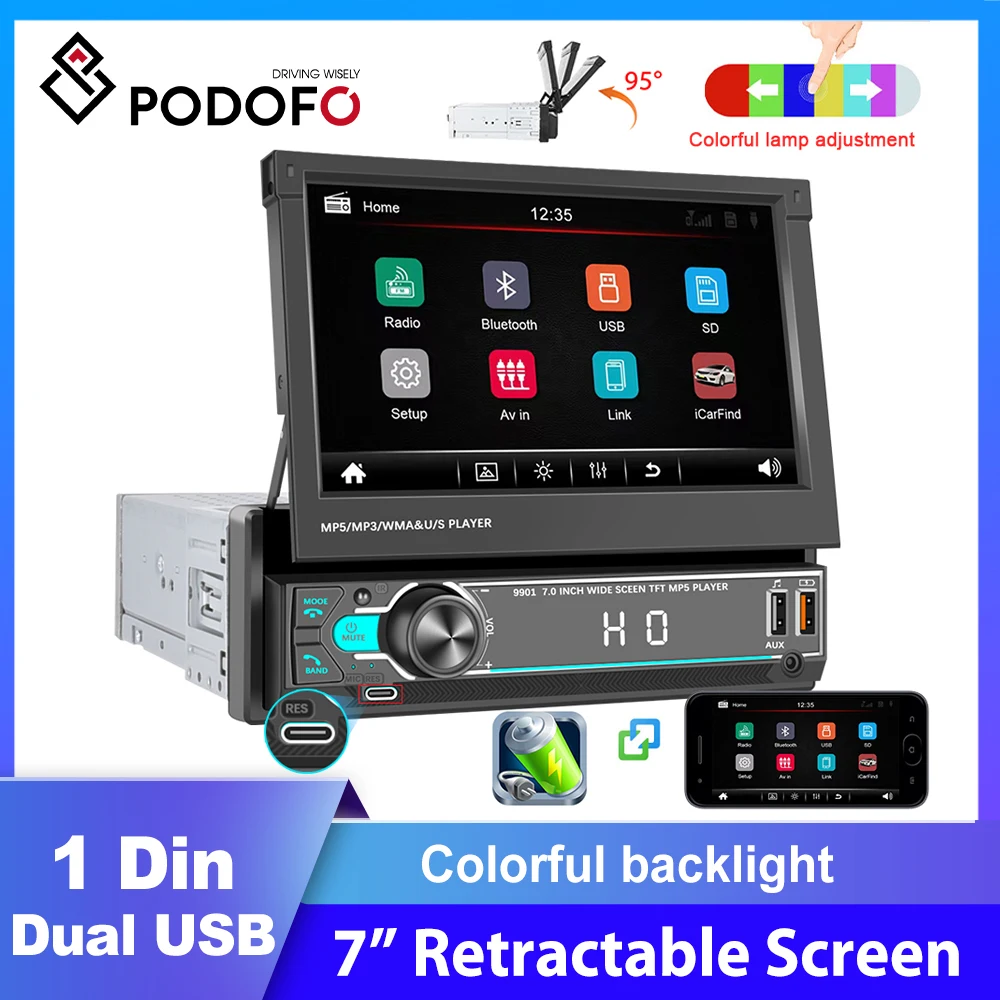 

Podofo 1 Din Car Radio 7" Universal Retractable Screen MP5 Player Multimedia Video Player Bluetooth FM Radio Receiver No dvd