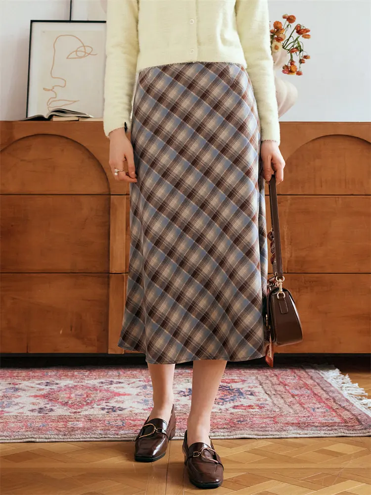 OLrain Woman Plaid Midi Skirt Vintage Mermaid Hem 2025 Winter Skirt Elegant Ruffled High Waist Female Long Skirts M56QB93528